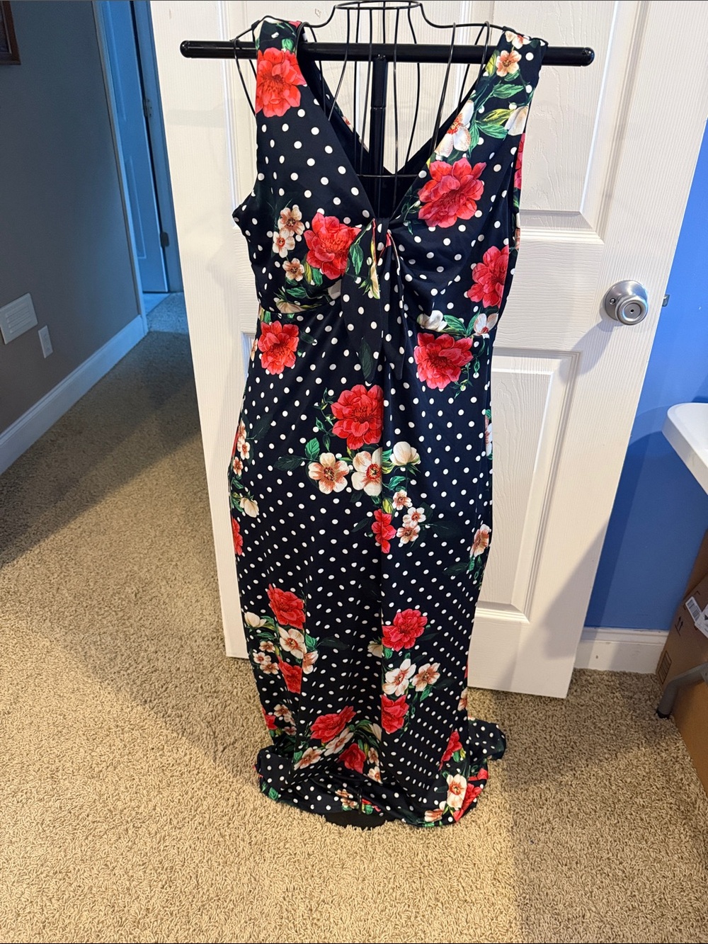 Nina Leonard Sleeveless Navy Polka Dot Maxi Dress Red & Cream Floral Print XL